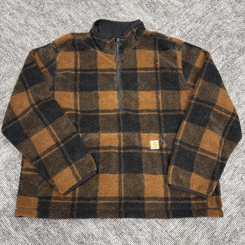 Carhartt Mens XXL Loose Fit Plaid Sherpa Fleece Quarter Zip Pullover